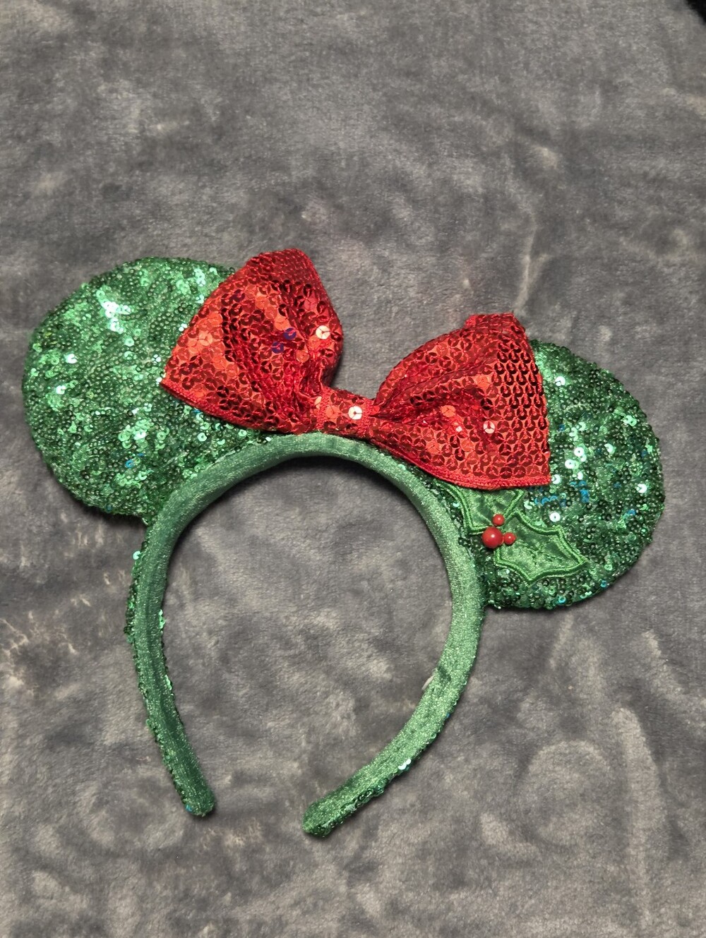 Disney Green Sequin Mouse Ear Headband with Red Sequin Bow